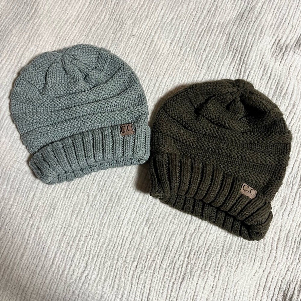C.C Cozy Knit Beanie Duo - Gray and Olive